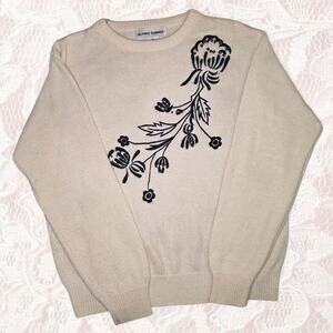Alfred Dunner Cream Floral Embroidered Knit Sweater Medium